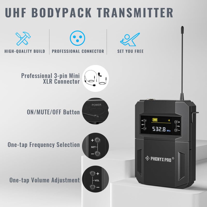 Phenyx Pro UHF Wireless Microphone System w/ 2x30 Tunable Frequencies, Metal Cordless Mic Set, 200 ft Range, 2 Bodypacks & Headsets/Lapel Mics for Speaking, Singing, Church, DJ (PTU-52-2B) - Image 3