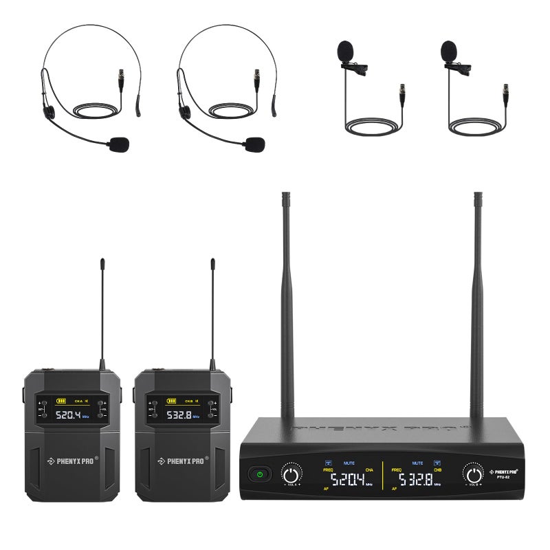 Phenyx Pro UHF Wireless Microphone System w/ 2x30 Tunable Frequencies, Metal Cordless Mic Set, 200 ft Range, 2 Bodypacks & Headsets/Lapel Mics for Speaking, Singing, Church, DJ (PTU-52-2B) - Image 1