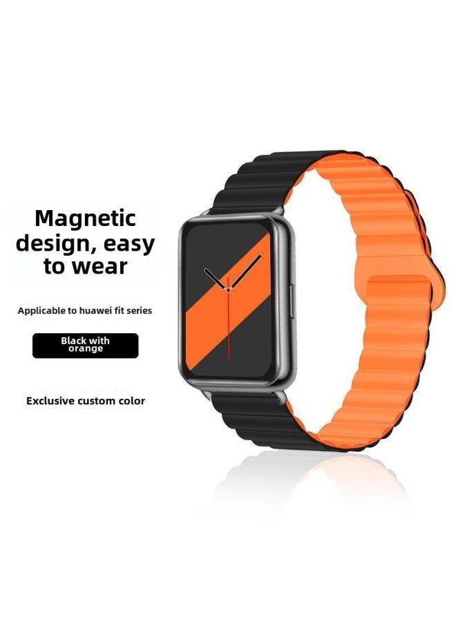 For huawei Fit Watch With Magnetic Silicone For huawei Fit2 Strap For Men And Women Ins Style Sports Personality Tide-Color:Magnetic Loop Strap-black Orange-suitable For huawei Watch Fit2+silver Connector  - Image 1