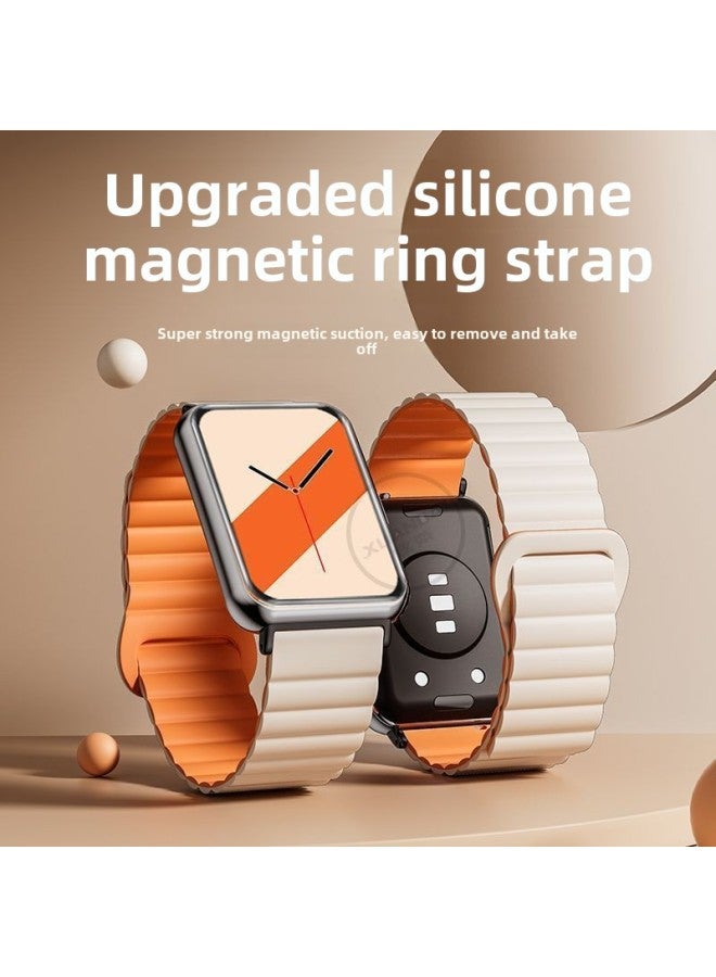 For huawei Fit Watch With Magnetic Silicone For huawei Fit2 Strap For Men And Women Ins Style Sports Personality Tide-Color:Magnetic Loop Strap-black Orange-suitable For huawei Watch Fit2+silver Connector  - Image 2