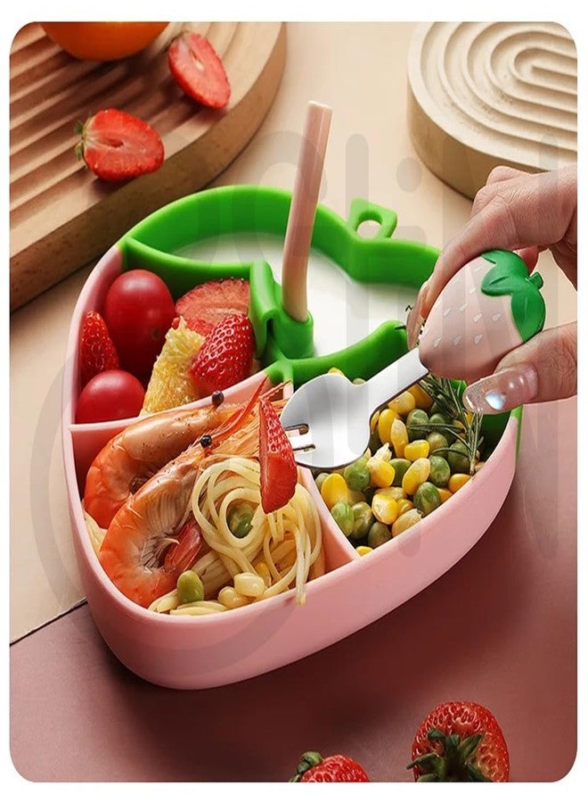 Ostin Food Grade Silicone Food Plate for Babies Kids Children Baby Feeding Plate with Compartment partition Suction Plate with Spoon and Fork Toddler Plates for Eating (Strawberry Pink) - Image 3