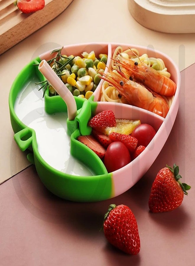 Ostin Food Grade Silicone Food Plate for Babies Kids Children Baby Feeding Plate with Compartment partition Suction Plate with Spoon and Fork Toddler Plates for Eating (Strawberry Pink) - Image 1