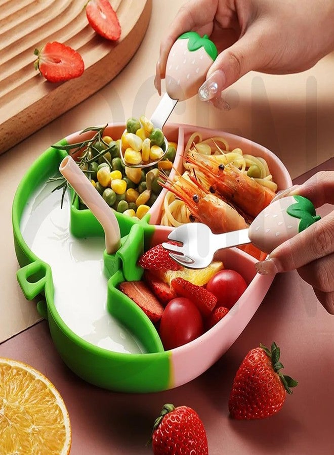 Ostin Food Grade Silicone Food Plate for Babies Kids Children Baby Feeding Plate with Compartment partition Suction Plate with Spoon and Fork Toddler Plates for Eating (Strawberry Pink) - Image 2