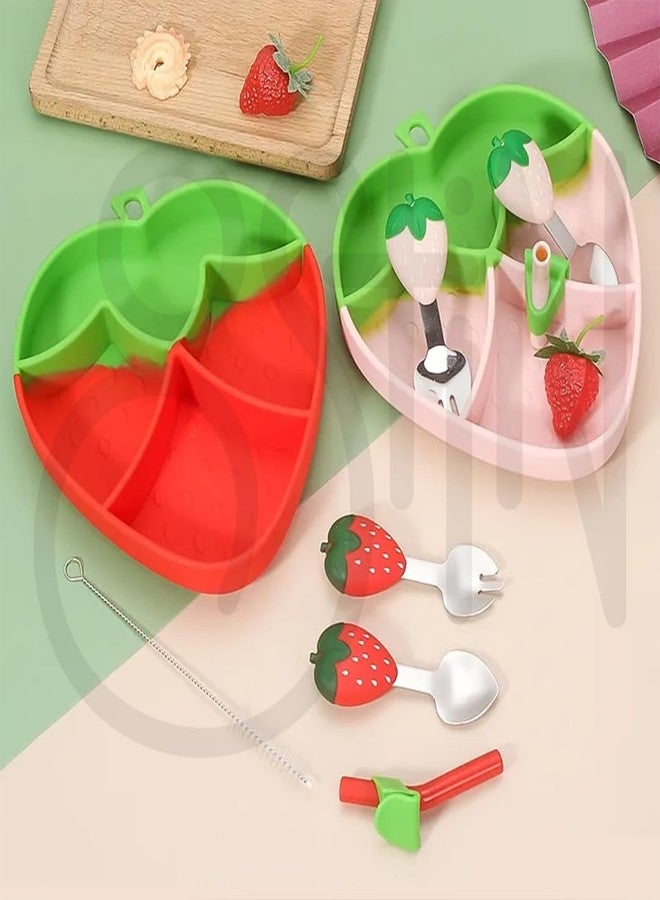 Ostin Food Grade Silicone Food Plate for Babies Kids Children Baby Feeding Plate with Compartment partition Suction Plate with Spoon and Fork Toddler Plates for Eating (Strawberry Pink) - Image 5