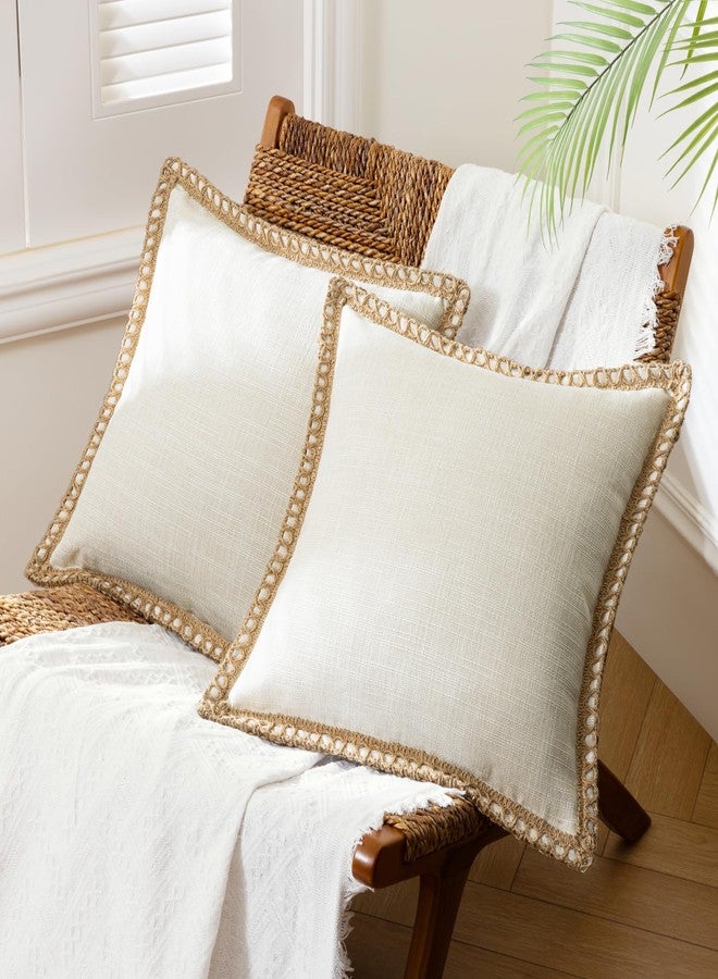 Phantoscope Pack of 2 Farmhouse Modern Spring Decorative Throw Pillow Covers Burlap Linen Trimmed Outdoor Pillows Tailored Edges Off White 18 x 18 inches, 45 x 45 cm - Image 1