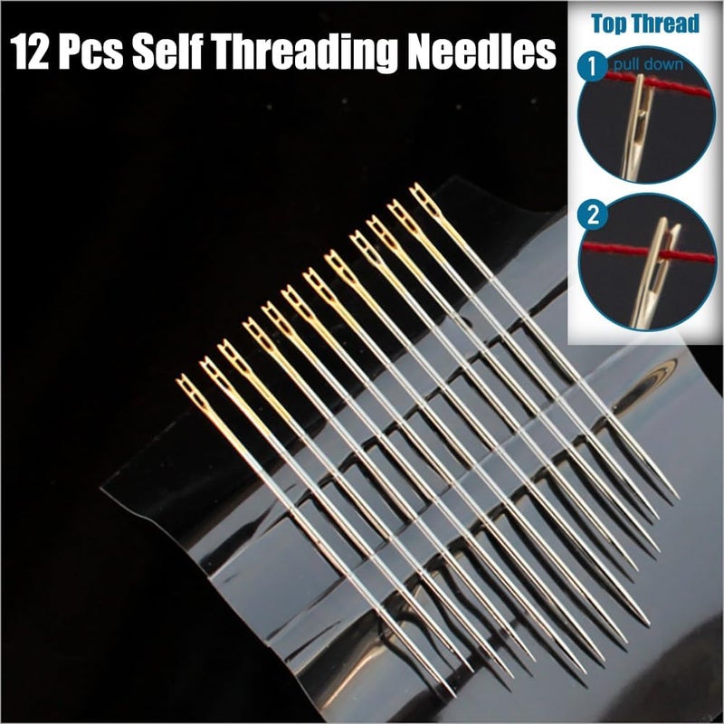 ECROCY Self-Threading Needles, Sewing Needles, Needle Threader with Needle case Carving Pattern, Threaded from The top, Golden, 18 Pack - Image 2