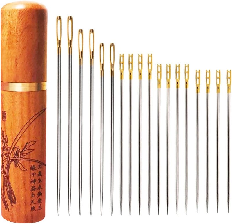 ECROCY Self-Threading Needles, Sewing Needles, Needle Threader with Needle case Carving Pattern, Threaded from The top, Golden, 18 Pack - Image 1