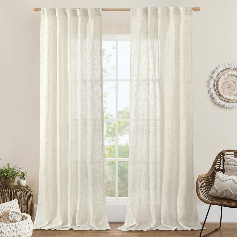 LAMIT Light Filtering Linen Curtains 84 inches Long for Bedroom, Cream Ivory Linen Textured Semi Sheer Back Tab and Rod Pocket Natural Boho Drapes for Living Room, 2 Panels, 42 x 84 Inch - Image 1