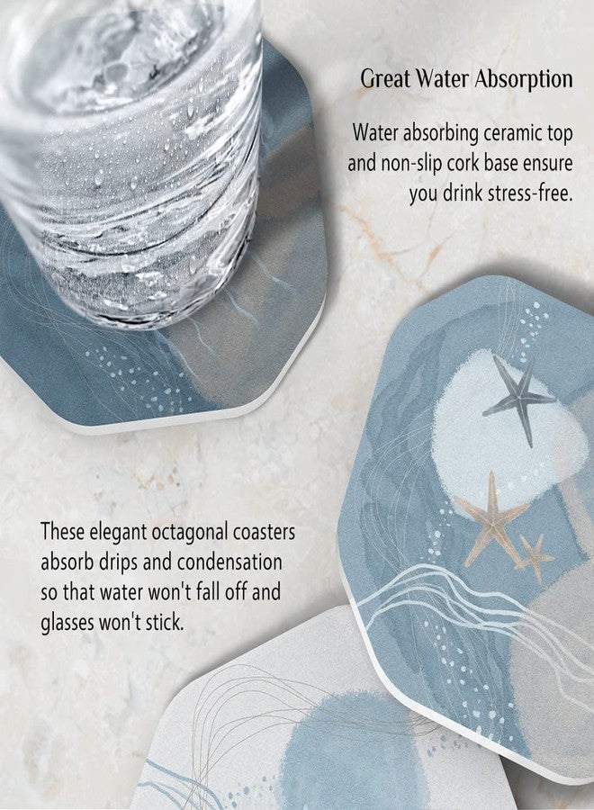 UMIRRO Ceramic Stone Coasters for Drinks Absorbent with Holder, Coastal Themed Design for Beach Lovers, Ocean Inspired Stoneware Cup Coasters for Wooden Coffee Table, 4", Octagonal, Blue, 6 Pack - Image 4