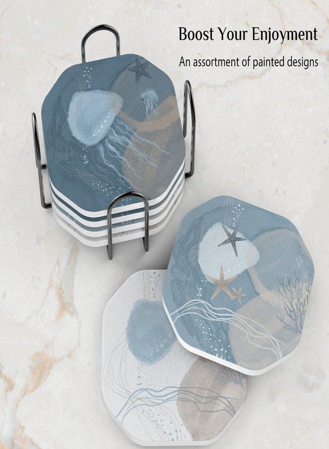 UMIRRO Ceramic Stone Coasters for Drinks Absorbent with Holder, Coastal Themed Design for Beach Lovers, Ocean Inspired Stoneware Cup Coasters for Wooden Coffee Table, 4", Octagonal, Blue, 6 Pack - Image 2