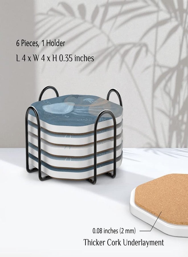 UMIRRO Ceramic Stone Coasters for Drinks Absorbent with Holder, Coastal Themed Design for Beach Lovers, Ocean Inspired Stoneware Cup Coasters for Wooden Coffee Table, 4", Octagonal, Blue, 6 Pack - Image 5