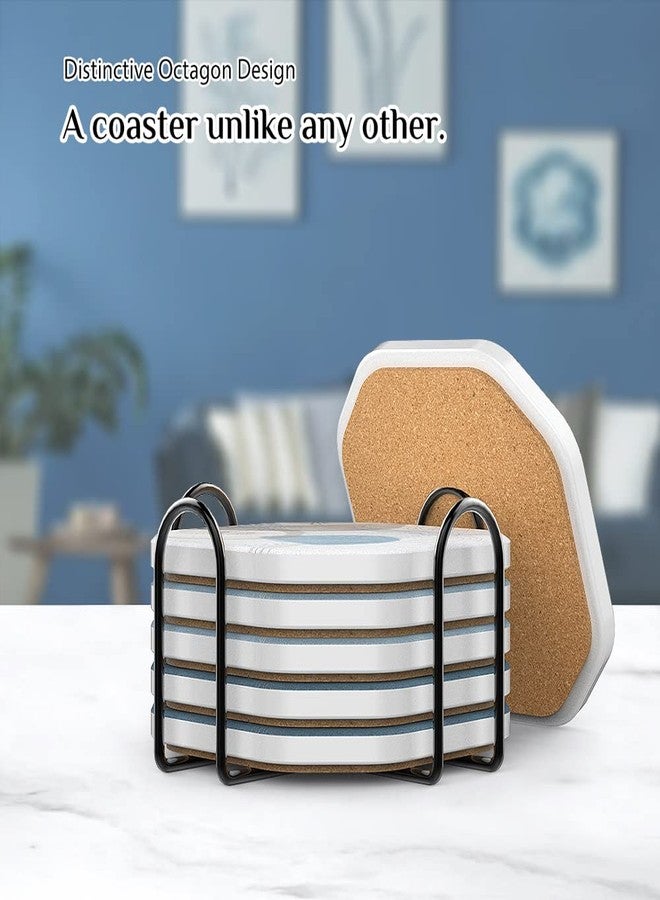 UMIRRO Ceramic Stone Coasters for Drinks Absorbent with Holder, Coastal Themed Design for Beach Lovers, Ocean Inspired Stoneware Cup Coasters for Wooden Coffee Table, 4", Octagonal, Blue, 6 Pack - Image 3