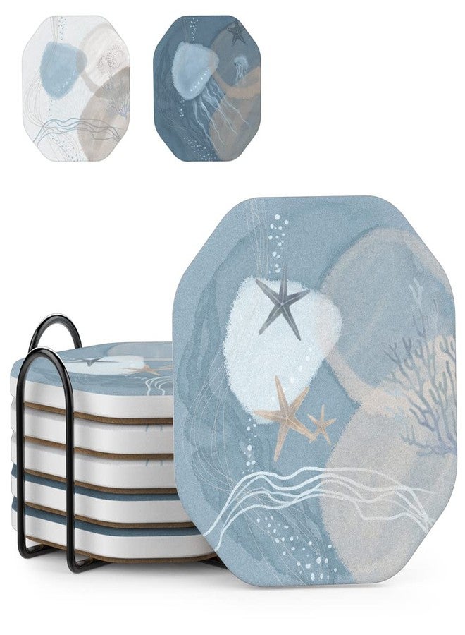 UMIRRO Ceramic Stone Coasters for Drinks Absorbent with Holder, Coastal Themed Design for Beach Lovers, Ocean Inspired Stoneware Cup Coasters for Wooden Coffee Table, 4", Octagonal, Blue, 6 Pack - Image 1