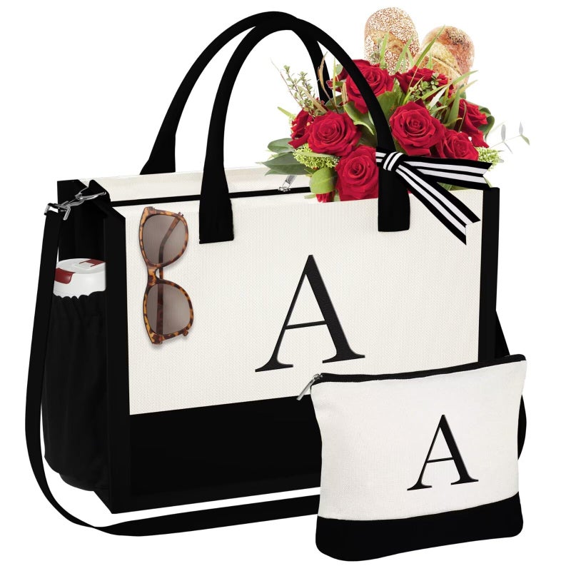 YOOLIFE YOOLIFE Gifts for Women - Initial Canvas Tote Bag and Makeup Bag with Zipper Mothers Day Birthday Gifts for Her Friends Female Bridal Shower Bridesmaids Proposal Gifts A  - Image 1