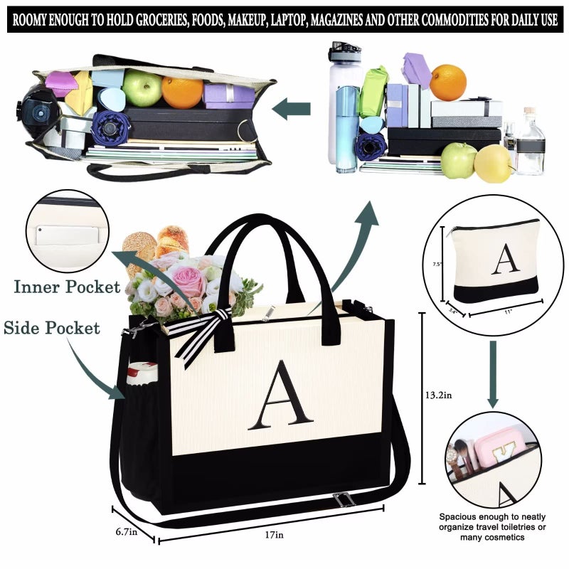 YOOLIFE YOOLIFE Gifts for Women - Initial Canvas Tote Bag and Makeup Bag with Zipper Mothers Day Birthday Gifts for Her Friends Female Bridal Shower Bridesmaids Proposal Gifts A  - Image 5