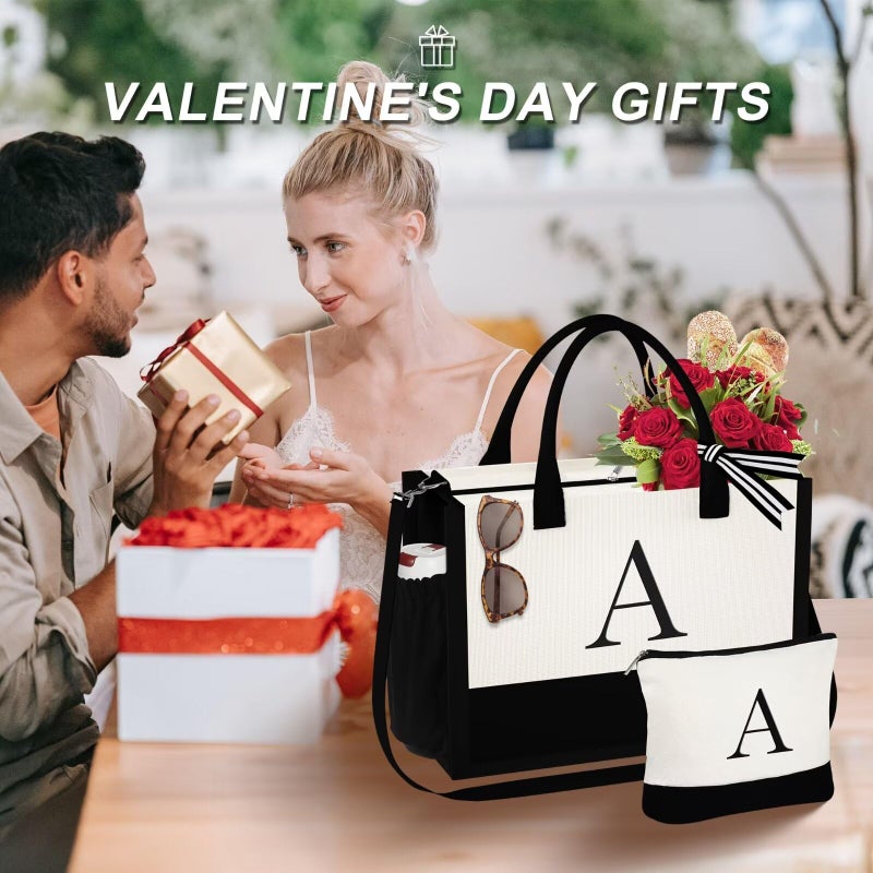 YOOLIFE YOOLIFE Gifts for Women - Initial Canvas Tote Bag and Makeup Bag with Zipper Mothers Day Birthday Gifts for Her Friends Female Bridal Shower Bridesmaids Proposal Gifts A  - Image 2