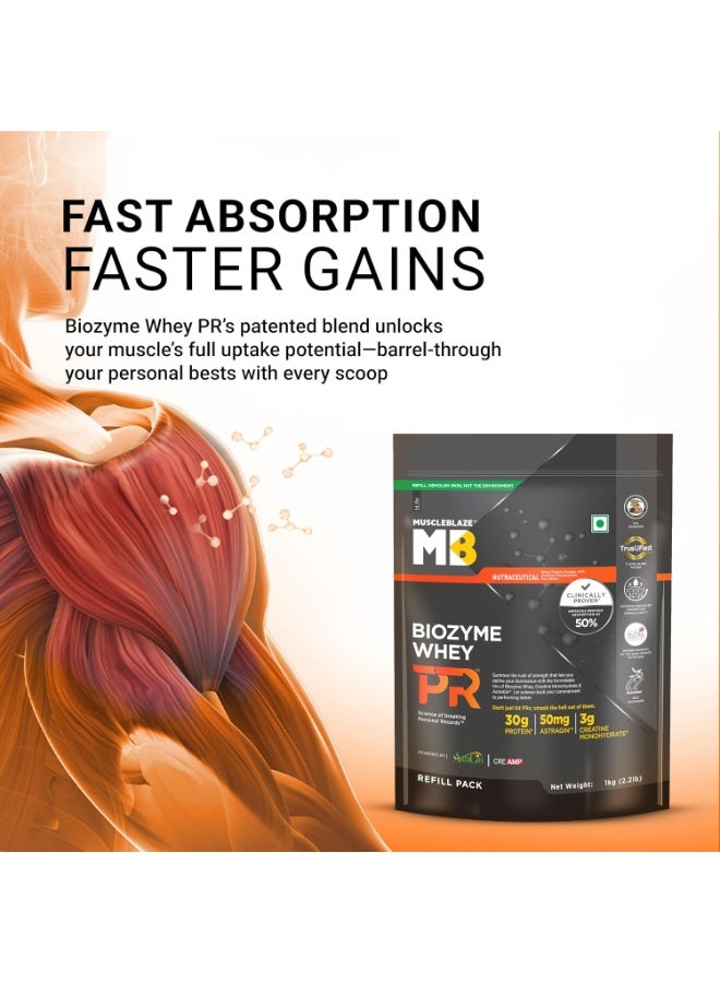 مسل بلايز مسحوق بروتين مصل اللبن MuscleBlaze Biozyme Whey Protein PR (يحتوي على 30 جم بروتين، و3 جم كرياتين مونوهيدرات، و50 مجم AstraGin | نكهة كعكة الشوكولاتة الذائبة، عبوة إعادة تعبئة بوزن 1 كجم) | حاصل على شهادة Trustified Gold - Image 2