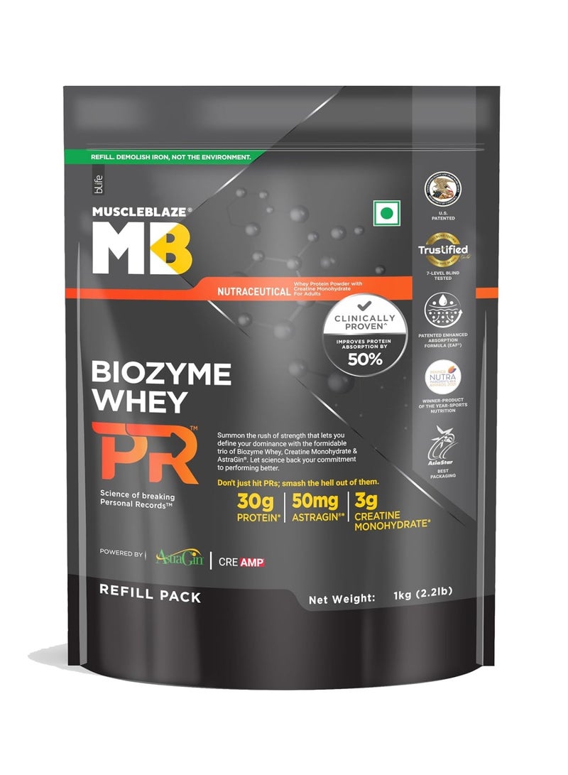 مسل بلايز مسحوق بروتين مصل اللبن MuscleBlaze Biozyme Whey Protein PR (يحتوي على 30 جم بروتين، و3 جم كرياتين مونوهيدرات، و50 مجم AstraGin | نكهة كعكة الشوكولاتة الذائبة، عبوة إعادة تعبئة بوزن 1 كجم) | حاصل على شهادة Trustified Gold - Image 1
