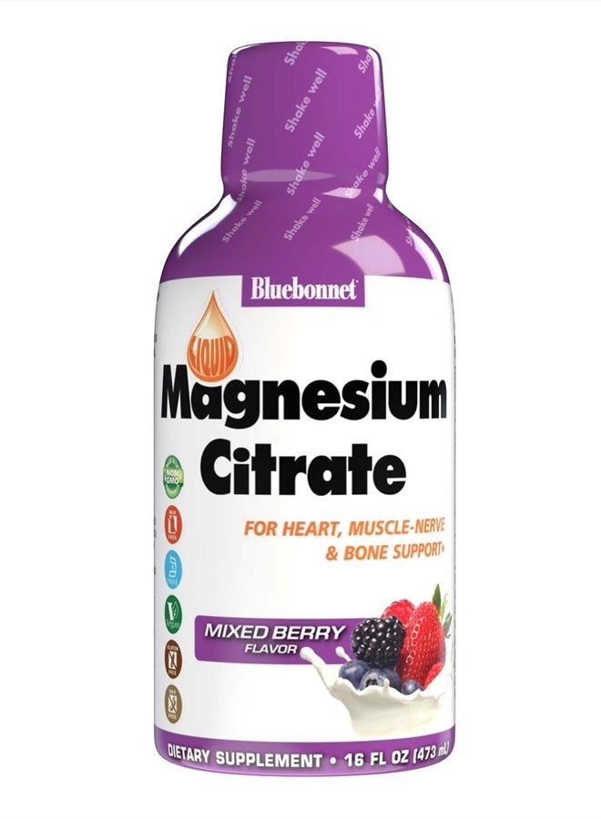 Bluebonnet سيترات المغنيسيوم 420 مجم - تهدئة العقل والجسم* - يدعم القلب والعضلات والنوم* - خالٍ من الكائنات المعدلة وراثيًا، نباتي، كوشير، خالٍ من الجلوتين، خالٍ من الصويا، خالٍ من الحليب - 16 أونصة سائلة، بنكهة التوت المختلط - Image 1