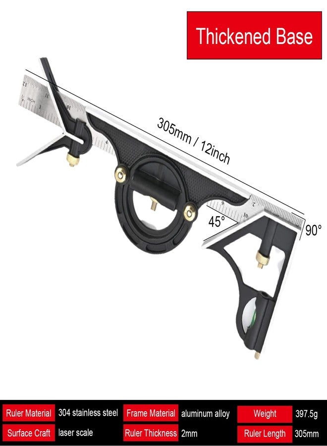 Heyiarbeit 12" Adjustable Sliding Combination Square Ruler & Protractor Level Measure Measuring Set, 1pcs - Image 2