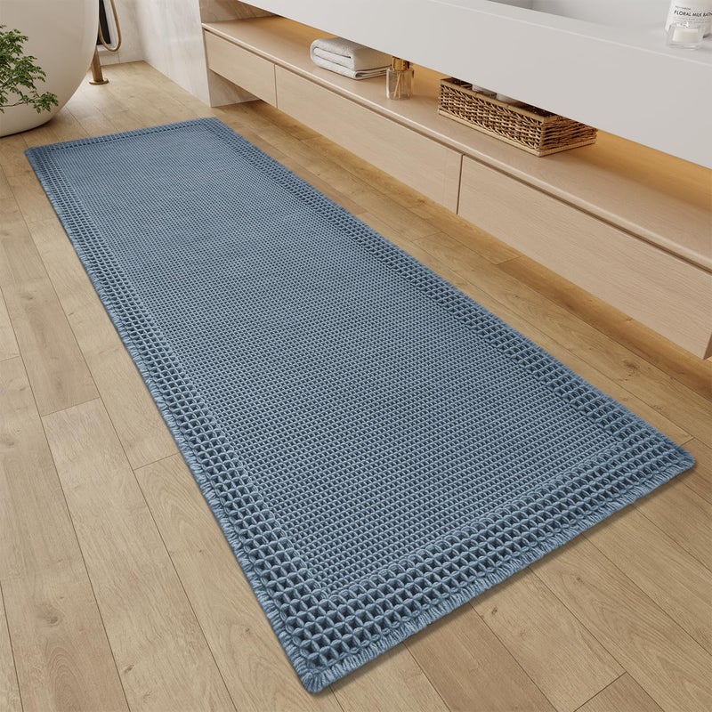 RESARE Waffle Bathroom Runner Rugs, Super Absorbent Bath Mat Non Slip Washable Quick Dry, Upgraded Ultra Soft Boho Bath Rugs with Tassels for Hallway Bedroom Laundry Room, 2'x6'(24"x72"), Blue - Image 1