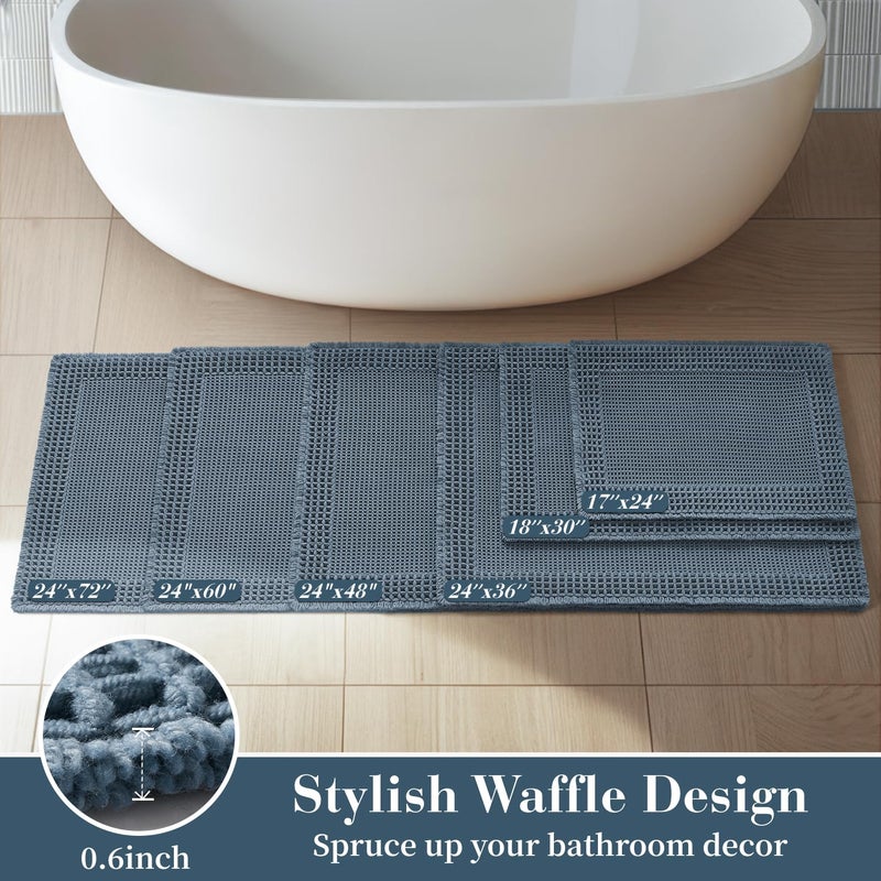 RESARE Waffle Bathroom Runner Rugs, Super Absorbent Bath Mat Non Slip Washable Quick Dry, Upgraded Ultra Soft Boho Bath Rugs with Tassels for Hallway Bedroom Laundry Room, 2'x6'(24"x72"), Blue - Image 5