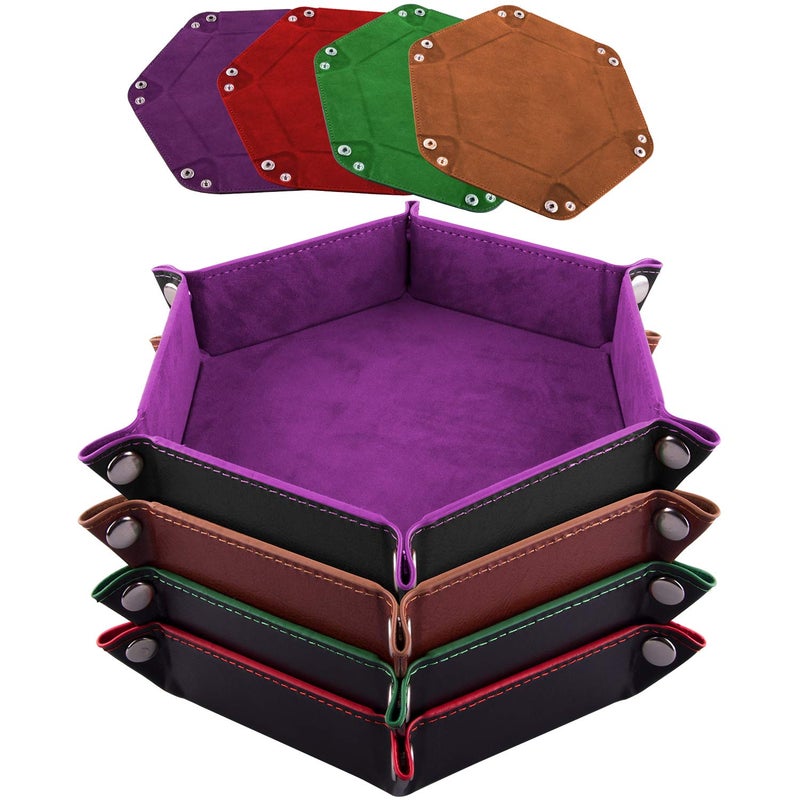SIQUK 4 Pieces Dice Tray Hexagon Dice Rolling Tray Folding PU Leather Velvet Dice Tray for Dungeons and Dragons RPG DND Dice Game 4 Colours