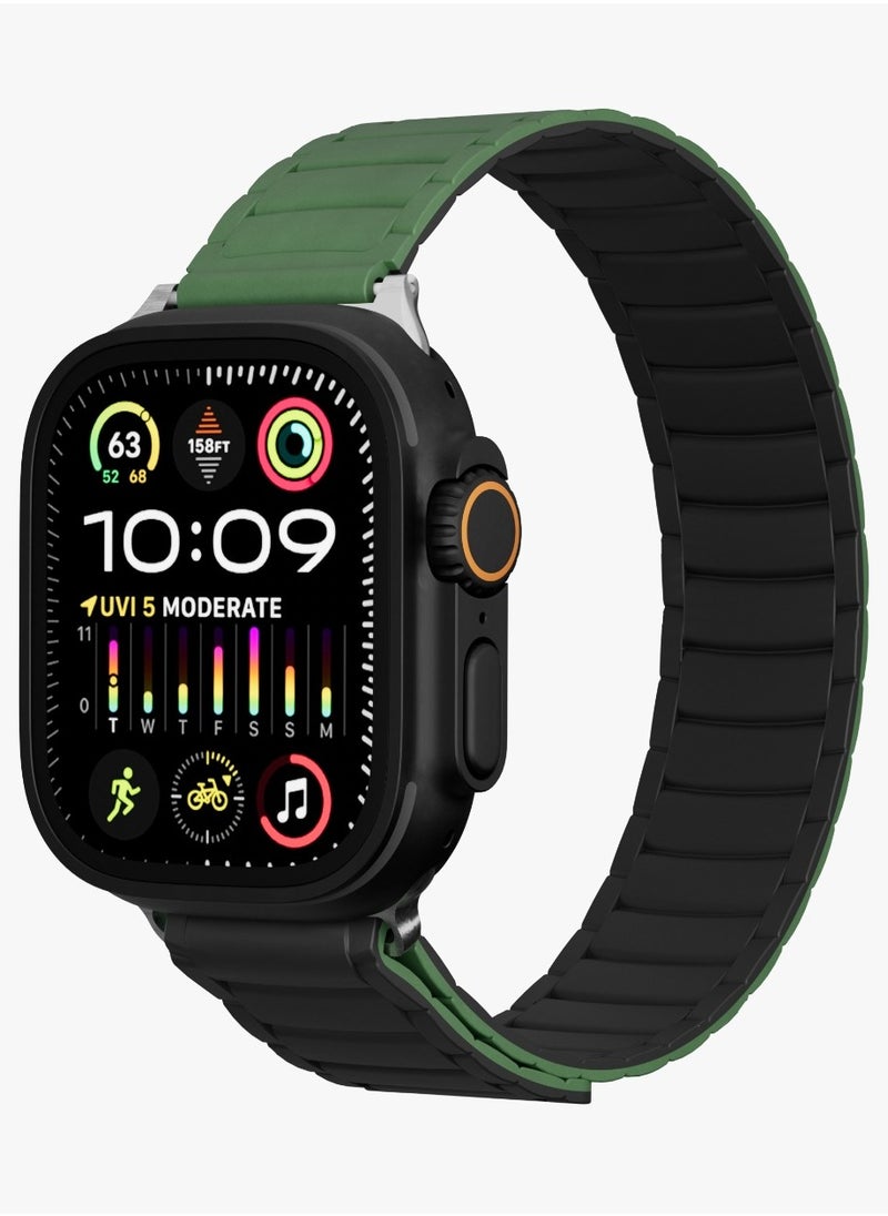 LEVELO - Stella Milanese Silicone Apple Watch 49/46mm Strap with Hypoallergenic Material / Dual-Color Wearable / Smooth Silicone Feeling / Sweat & Water Resistant / 24/7 Wearability / 34 N52 Magnets / Easy Snap On - Black/Green - Image 1