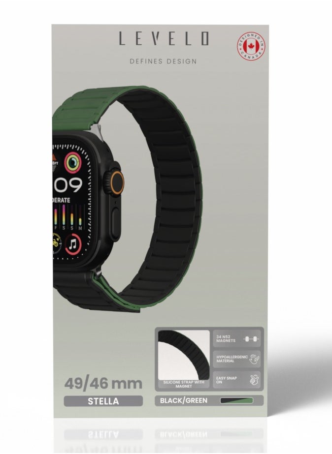 LEVELO - Stella Milanese Silicone Apple Watch 49/46mm Strap with Hypoallergenic Material / Dual-Color Wearable / Smooth Silicone Feeling / Sweat & Water Resistant / 24/7 Wearability / 34 N52 Magnets / Easy Snap On - Black/Green - Image 1
