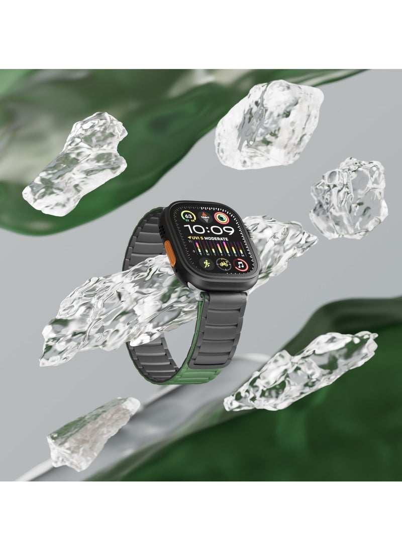 LEVELO - Stella Milanese Silicone Apple Watch 49/46mm Strap with Hypoallergenic Material / Dual-Color Wearable / Smooth Silicone Feeling / Sweat & Water Resistant / 24/7 Wearability / 34 N52 Magnets / Easy Snap On - Black/Green - Image 1