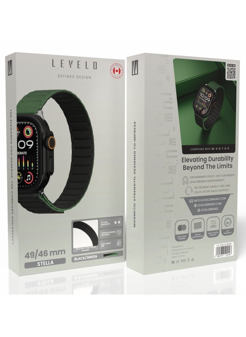 LEVELO - Stella Milanese Silicone Apple Watch 49/46mm Strap with Hypoallergenic Material / Dual-Color Wearable / Smooth Silicone Feeling / Sweat & Water Resistant / 24/7 Wearability / 34 N52 Magnets / Easy Snap On - Black/Green - Image 1