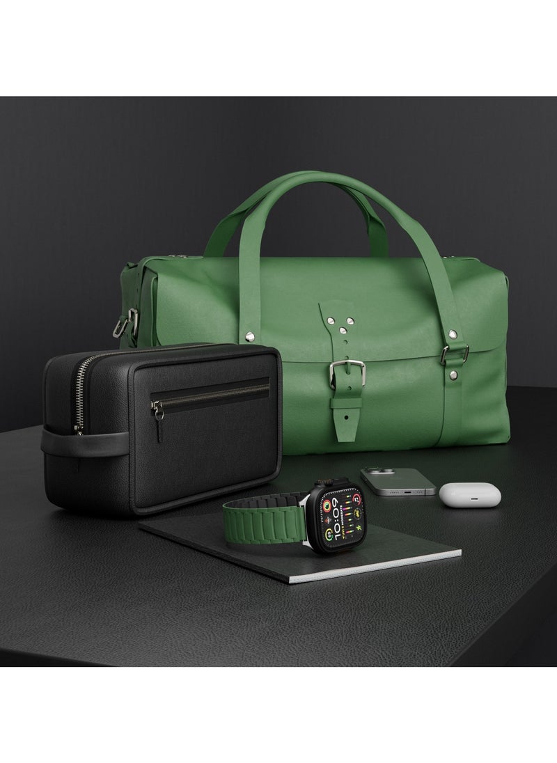 LEVELO - Stella Milanese Silicone Apple Watch 49/46mm Strap with Hypoallergenic Material / Dual-Color Wearable / Smooth Silicone Feeling / Sweat & Water Resistant / 24/7 Wearability / 34 N52 Magnets / Easy Snap On - Black/Green - Image 1