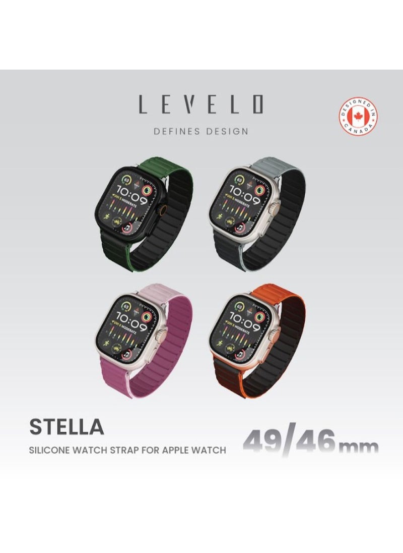 LEVELO - Stella Milanese Silicone Apple Watch 49/46mm Strap with Hypoallergenic Material / Dual-Color Wearable / Smooth Silicone Feeling / Sweat & Water Resistant / 24/7 Wearability / 34 N52 Magnets / Easy Snap On - Black/Green - Image 1