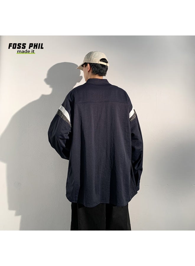 Foss Phil Men's Long-sleeve Shirt, Spring And Autumn Hong Kong Style Casual Top, Loose-fitting Jacket, Versatile Men's Shirt, Cxcs1, Navy Blue, XL - Image 3