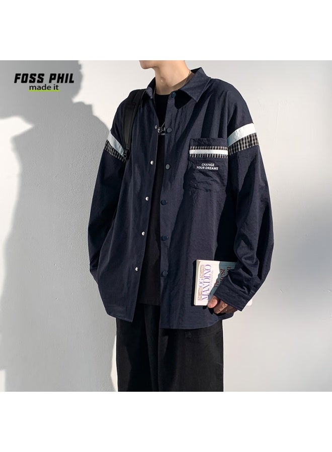 Foss Phil Men's Long-sleeve Shirt, Spring And Autumn Hong Kong Style Casual Top, Loose-fitting Jacket, Versatile Men's Shirt, Cxcs1, Navy Blue, XL - Image 2