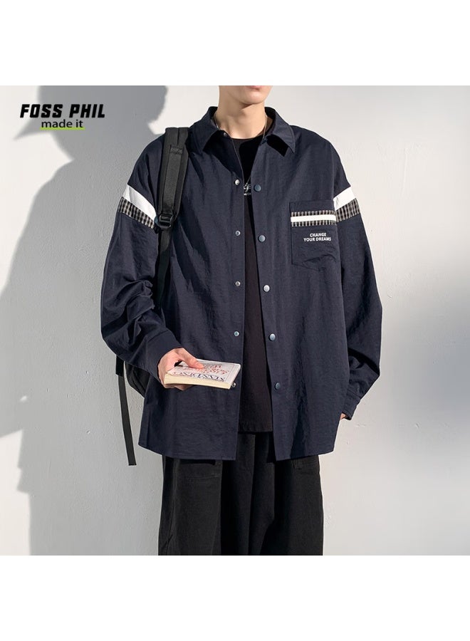 Foss Phil Men's Long-sleeve Shirt, Spring And Autumn Hong Kong Style Casual Top, Loose-fitting Jacket, Versatile Men's Shirt, Cxcs1, Navy Blue, XL - Image 5