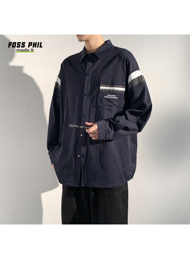 Foss Phil Men's Long-sleeve Shirt, Spring And Autumn Hong Kong Style Casual Top, Loose-fitting Jacket, Versatile Men's Shirt, Cxcs1, Navy Blue, XL - Image 4