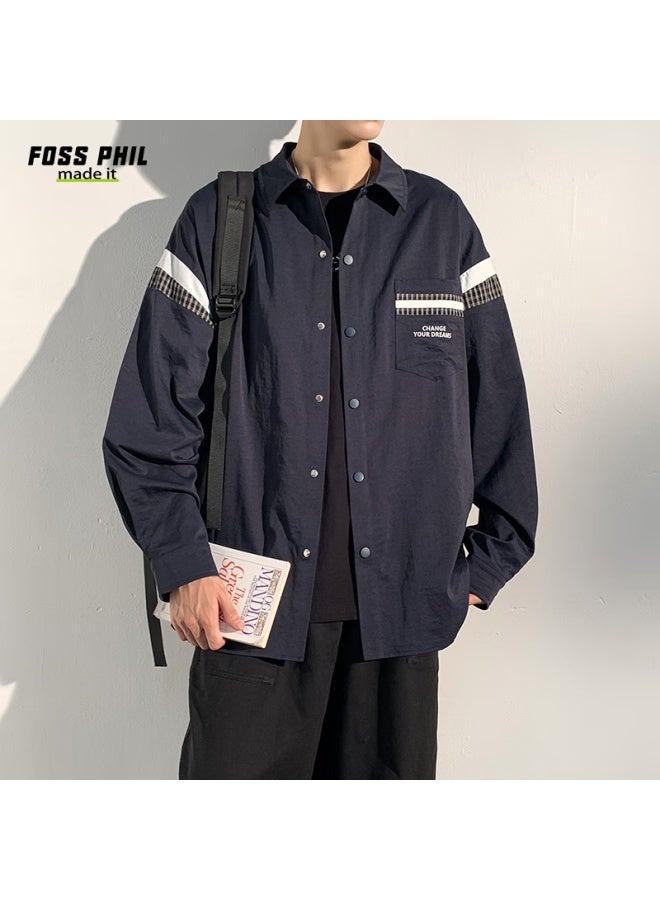 Foss Phil Men's Long-sleeve Shirt, Spring And Autumn Hong Kong Style Casual Top, Loose-fitting Jacket, Versatile Men's Shirt, Cxcs1, Navy Blue, XL - Image 1