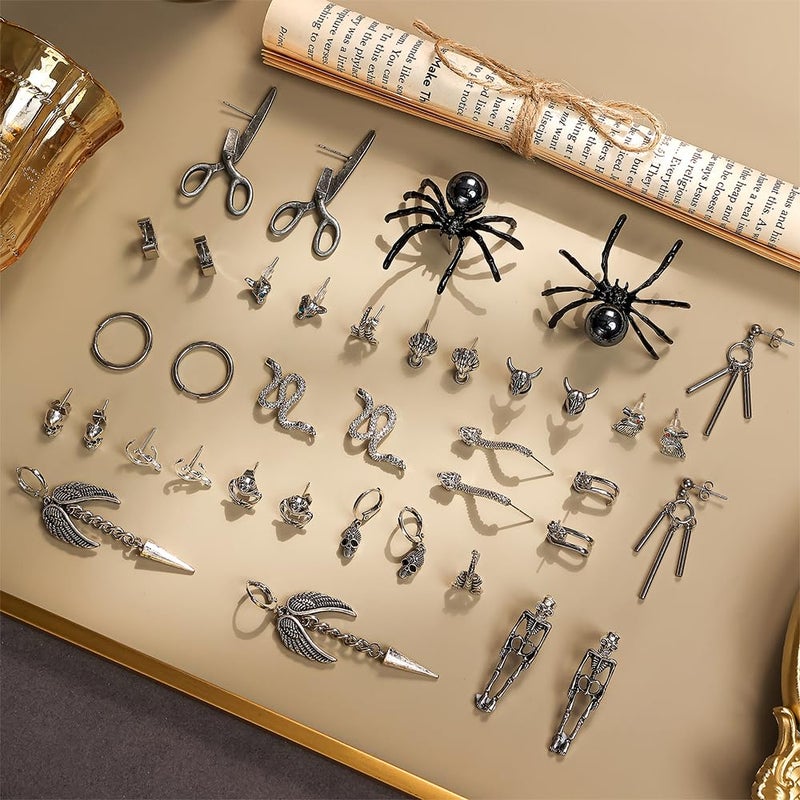 Coolkin 18 Pairs Stainless Steel Y2K Punk Hoop Dangle Earrings for Men, Frog Snake Spider Skull Heads etc Huggie Hoop Long Chain Piercing Hoop Earrings Set for Women and Men - Image 3