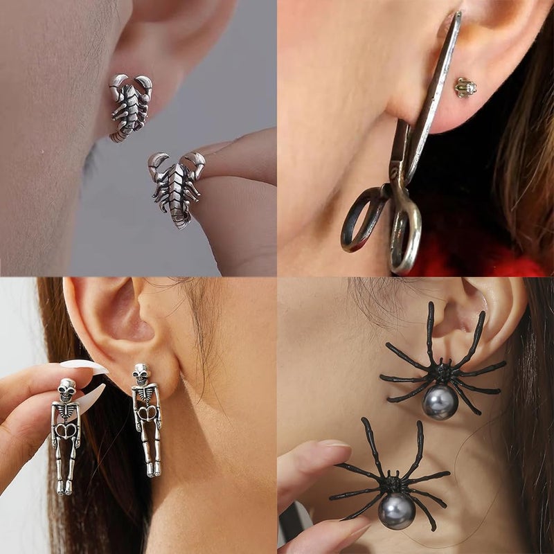 Coolkin 18 Pairs Stainless Steel Y2K Punk Hoop Dangle Earrings for Men, Frog Snake Spider Skull Heads etc Huggie Hoop Long Chain Piercing Hoop Earrings Set for Women and Men - Image 4