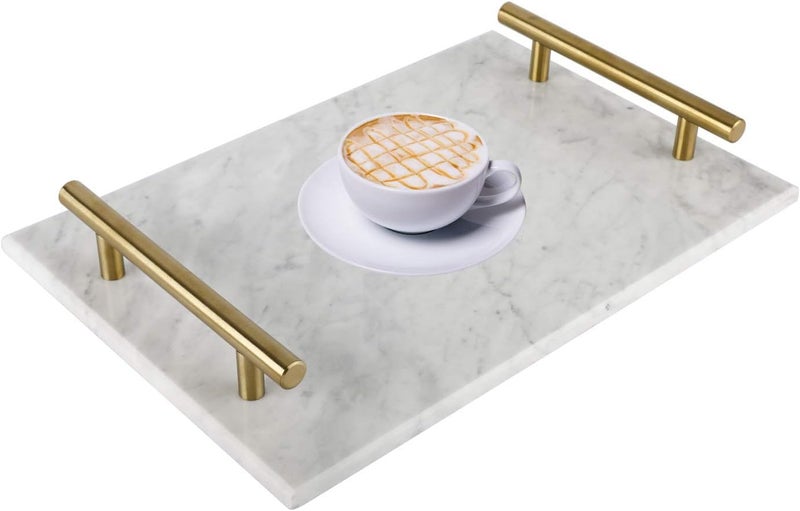 Lavish Craft صينية زخرفية من الحجر الرخامي اليدوي من لافيش كرافت مع مقابض معدنية بلون الذهب، مثالية للكونتر، والمغسلة، وخزانة الملابس، وطاولة السرير، والمكتب (بيضاء) - Image 1