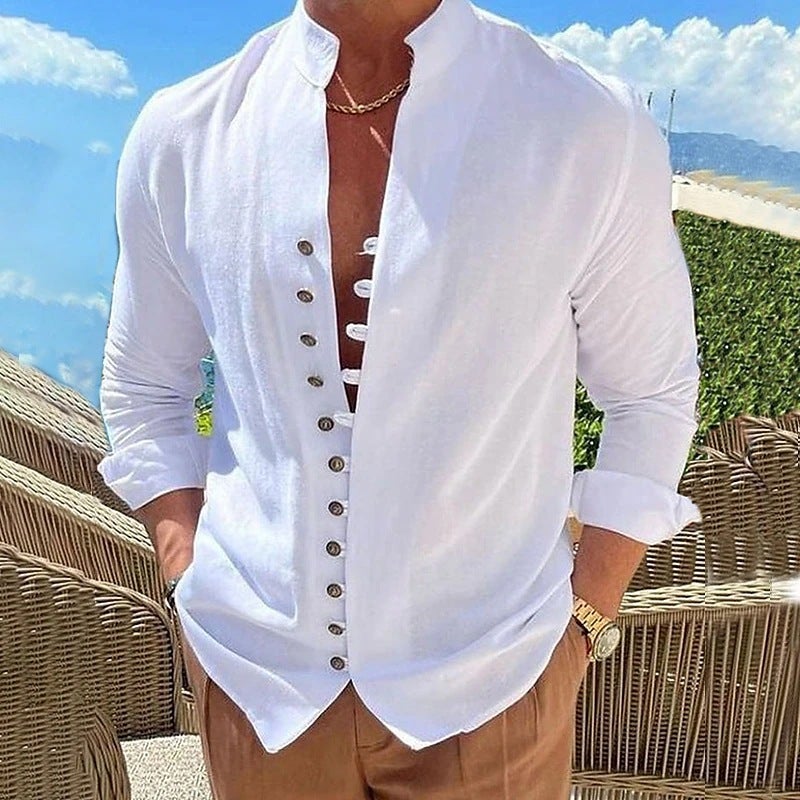 Men's Retro Cotton and Linen Stand Collar Casual Loose Long-Sleeved Shirt
