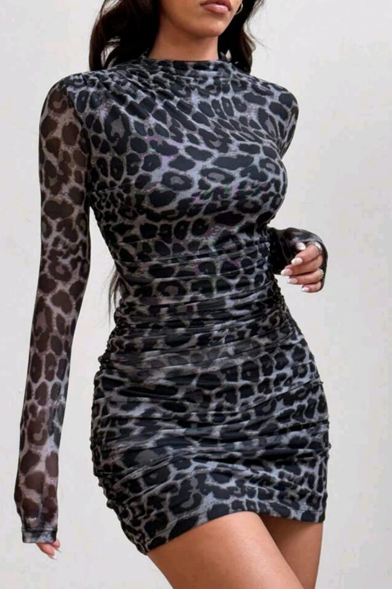 SHEIN EZwear Women's Leopard Print Crew Neck Long Sleeve Fitted Mini Mesh Dress - Image 4