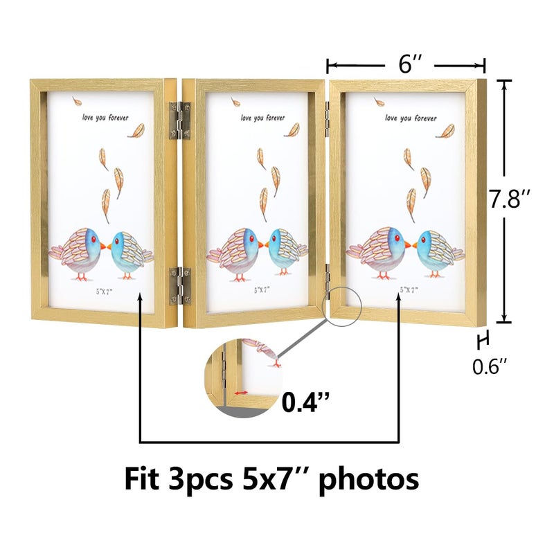 WUTL 3 Picture Frame 5x7 Golden Triple Hinged MDF Wood with Glass Front Three Opening Photo Frame Stand Vertical on Tabletop - Image 2