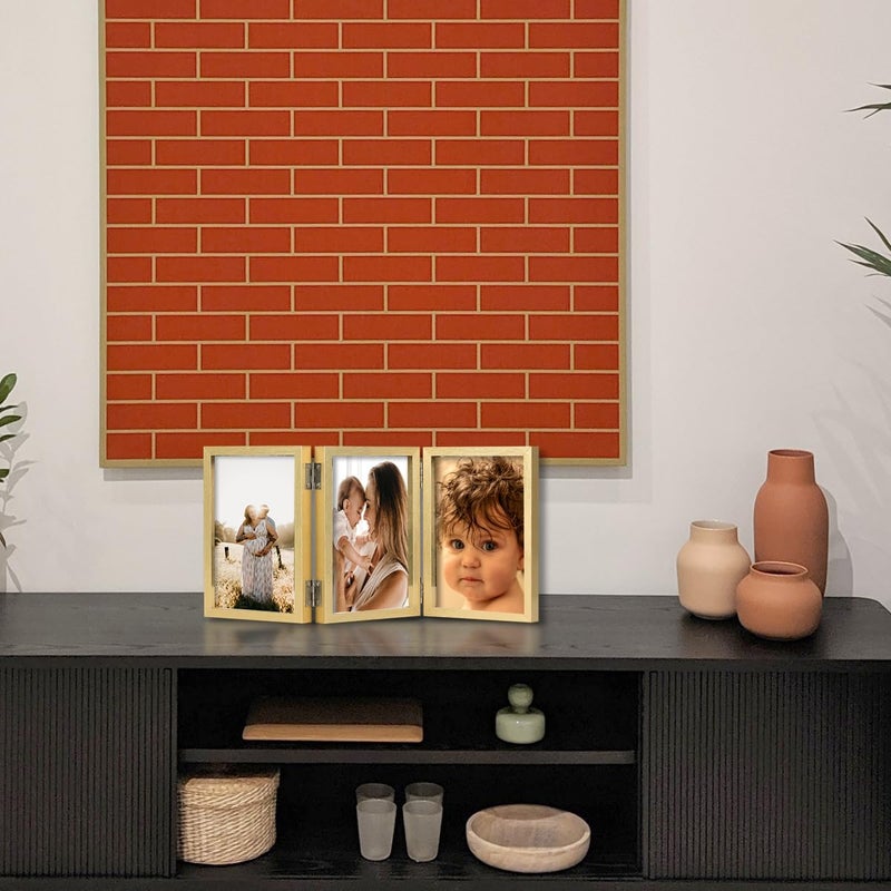 WUTL 3 Picture Frame 5x7 Golden Triple Hinged MDF Wood with Glass Front Three Opening Photo Frame Stand Vertical on Tabletop - Image 4