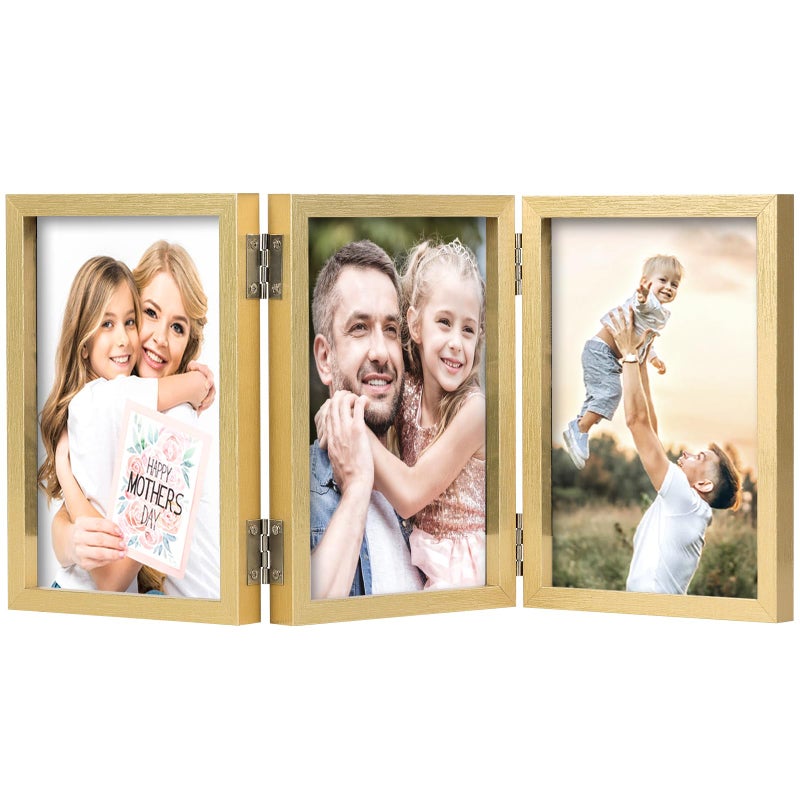 WUTL 3 Picture Frame 5x7 Golden Triple Hinged MDF Wood with Glass Front Three Opening Photo Frame Stand Vertical on Tabletop - Image 1