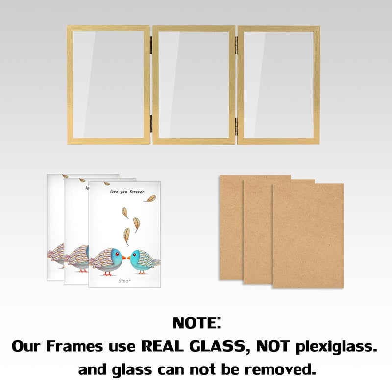 WUTL 3 Picture Frame 5x7 Golden Triple Hinged MDF Wood with Glass Front Three Opening Photo Frame Stand Vertical on Tabletop - Image 3