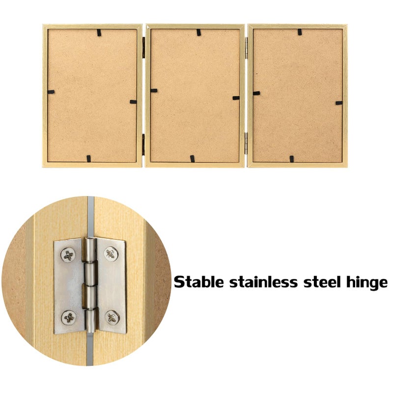 WUTL 3 Picture Frame 5x7 Golden Triple Hinged MDF Wood with Glass Front Three Opening Photo Frame Stand Vertical on Tabletop - Image 5