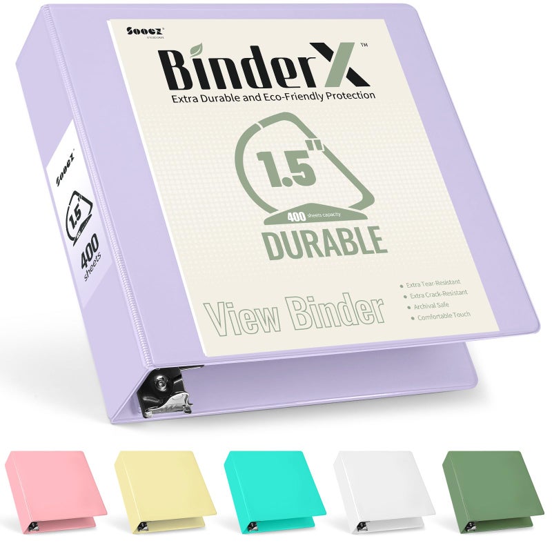 Sooez BinderX Extra Durable 1.5 Inch 3-Ring Binder, Holds 400 Sheets of 8.5x11 Paper, Customizable View Cover with Inside Pockets, Heavy Duty Binder for School, Lavender - Image 1
