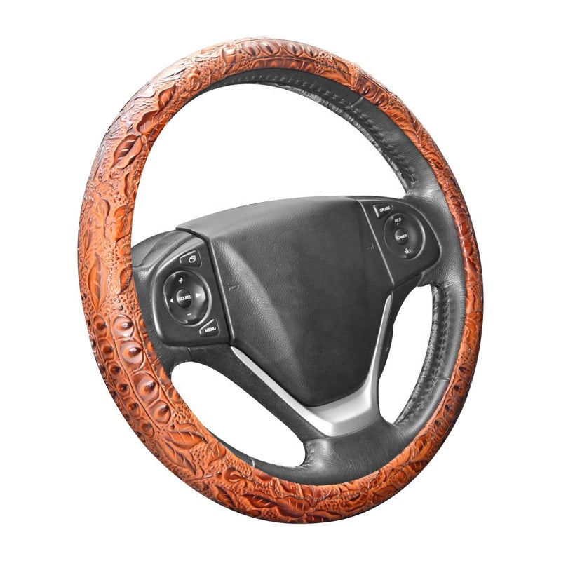 ZYHW Car Steering Wheel Cover Universal 15 Inch Middle Size Auto Anti-slip Leather Wheel Protector Steering Wheel Wrap Accessories with Flower Grain Design Brown Style